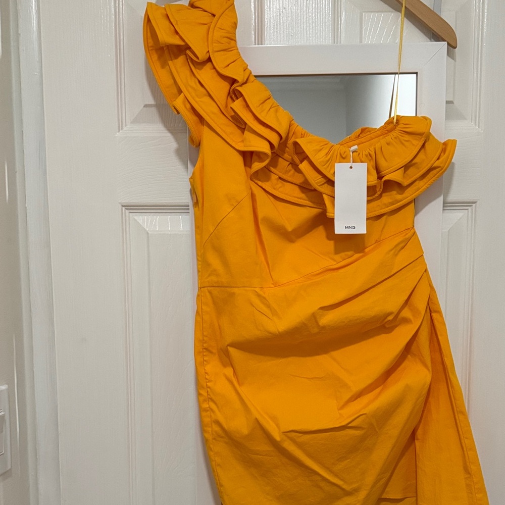Mango One-Shoulder Ruffle Mini Dress in Orange - Picture 5 of 7